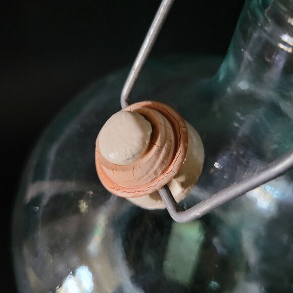 Vtg Blown Green Glass Bottle Wire Bail  Porcelain Stopper Made in Italy, Rustic - Picture 7 of 10